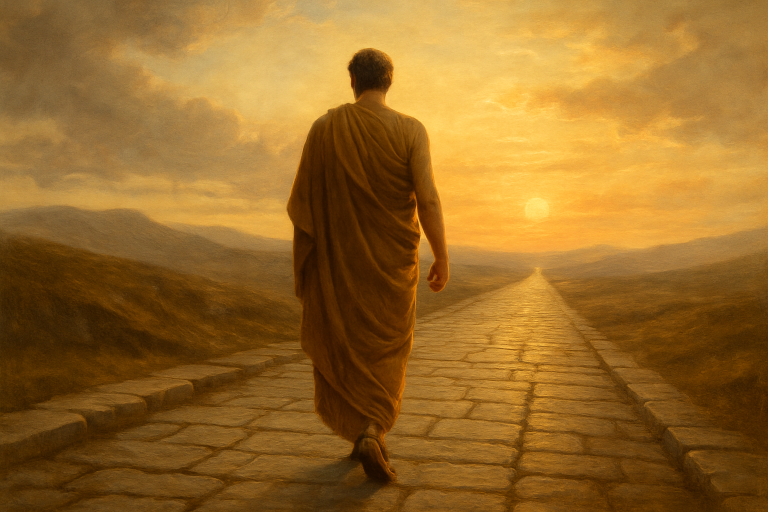 A lone Roman figure walks a stone road into the rising sun. Draped in a simple cloak, he moves steadily forward, step by step, toward the horizon.