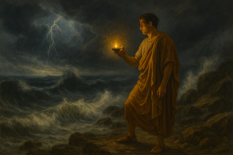 A Roman figure stands at the edge of a storm-tossed sea, holding a small flame in the darkness.